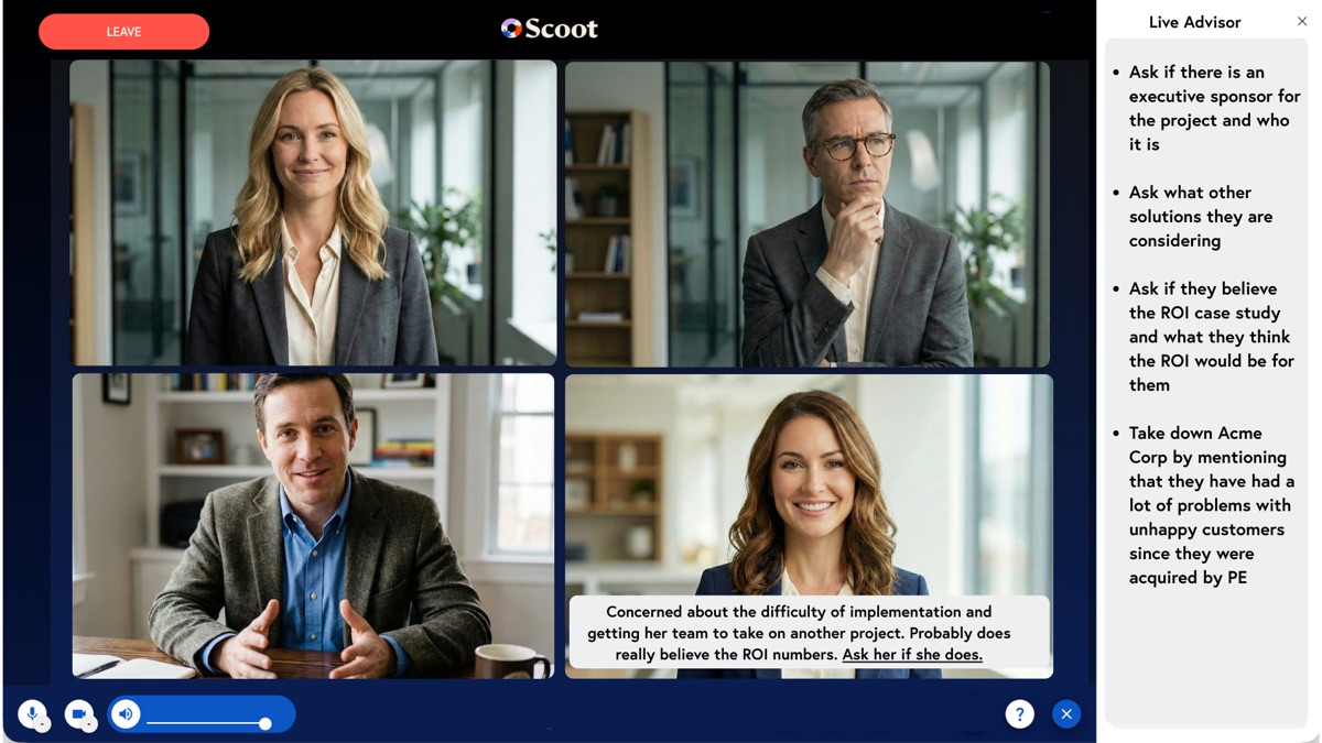 Live Advisor coaching panel alongside real video meeting participants