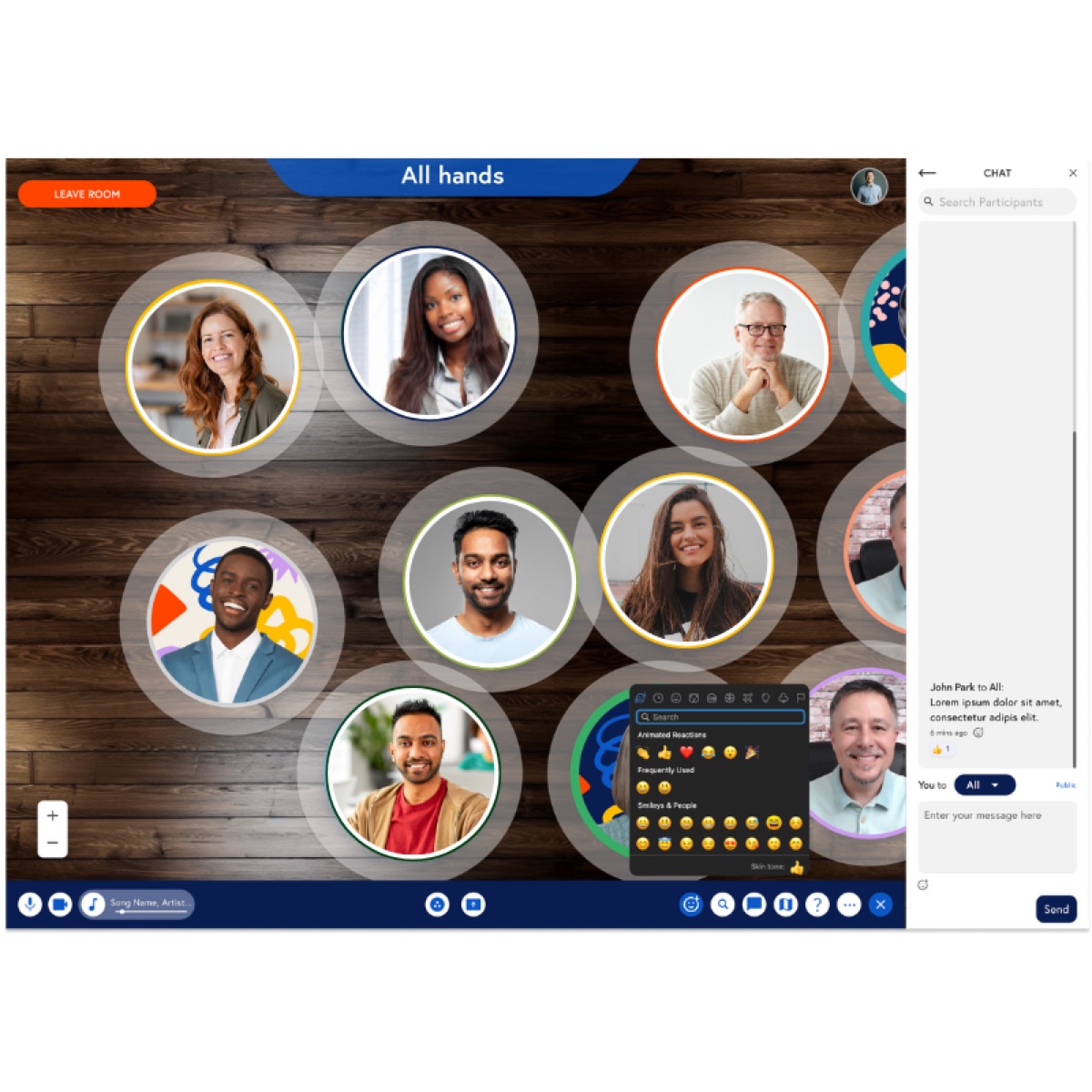 Scoot Mingle Mode — real humans networking in virtual space with avatar bubbles, chat, and emotes